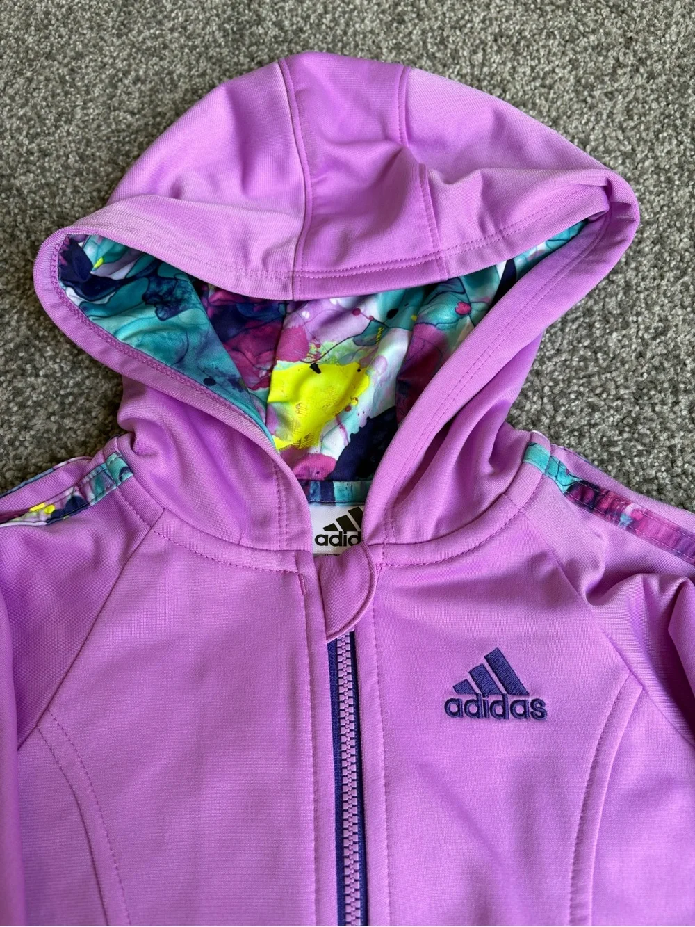 NWT Adidas 2T Girls' Long-Sleeve Full-Zip Purple Tricot Jacket Printed Stripes